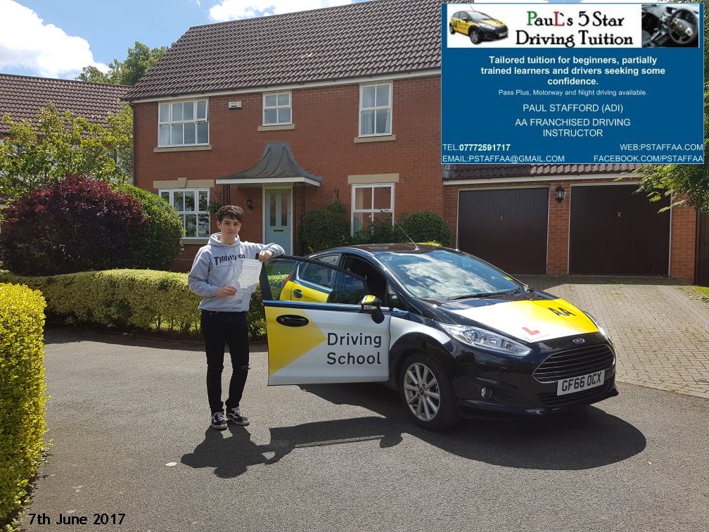 First time test pass pupil James Hale with Pauls 5 star driving tuition in hereford